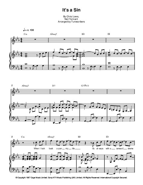 Its A Sin Arr Tunescribers By Chris Lowe Sheet Music For Piano And Vocal At Sheet Music Direct