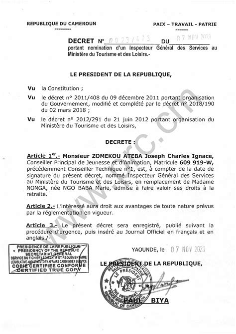 Décret N°2023473 Du 7 Novembre 2023 Portant Nomination Dun Inspecteur