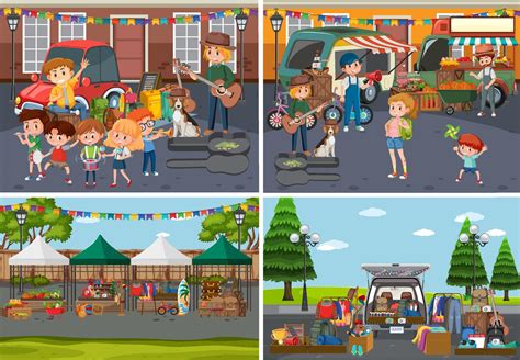 Flea market scene in cartoon style 6199388 Vector Art at Vecteezy