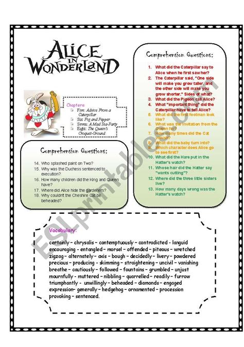 Alice Adventures In Wonderland Chapters 5 6 7 And 8 Esl Worksheet