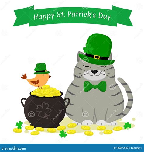 St.Patrick `s Day. Gray Striped Cat in a Green Hat, a Leprechaun, a ...