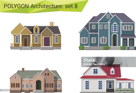 Polygonal Style Houses And Buildings Set Countryside And Suburb Design