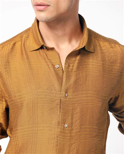 Rare Rabbit Mens Vagen Mustard Viscose Nylon Fabric Full Sleeves Chec