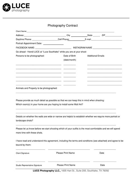 Free Printable Photography Contract Templates PDF Word Wedding Example