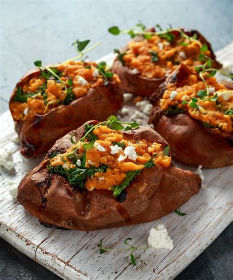 Roast Sweet Potato Stuffed With Feta Cheese And Kale Healthy Food