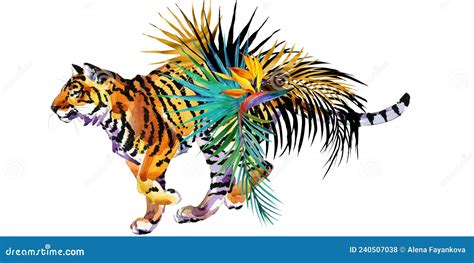 Tiger And Exotic Palm Leaves And Flowers Watercolor Illustration