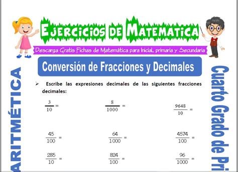 Ejercicios de conversión de fracciones a decimales Educación Activa