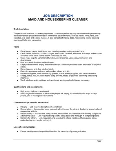 Maid And Housekeeping Cleaner Job Description Template Download