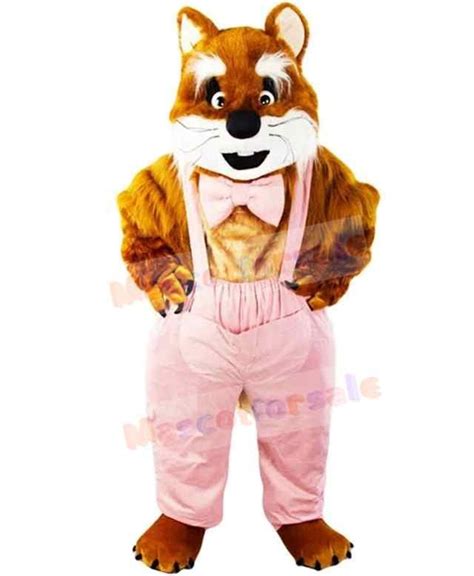 Brown Cat Mascot Costume Animal In Pink Overalls