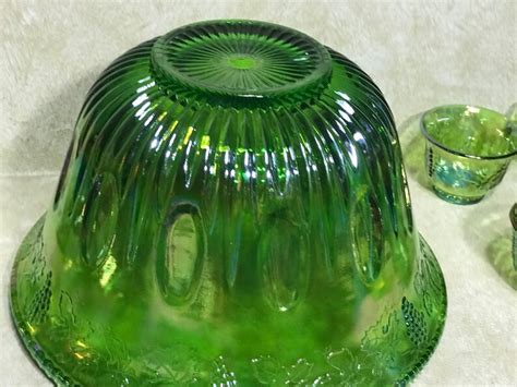 Green Carnival Glass Punch Bowl And Cups Etsy