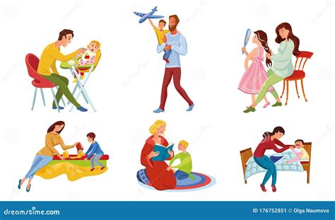 Set Of Happy Parents And Children Spend Time Together Vector