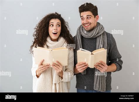 Image Of Smart Man And Woman Reading Books Together Isolated Over Gray