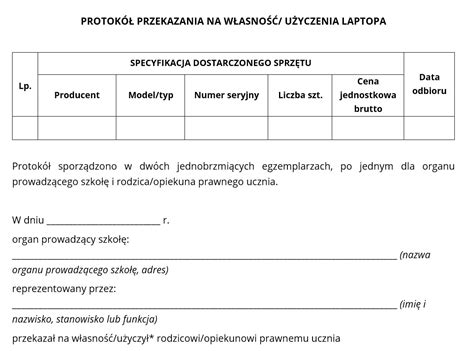 Darmowy laptop Wzór protokołu przekazania komputera rodzicowi Dwa