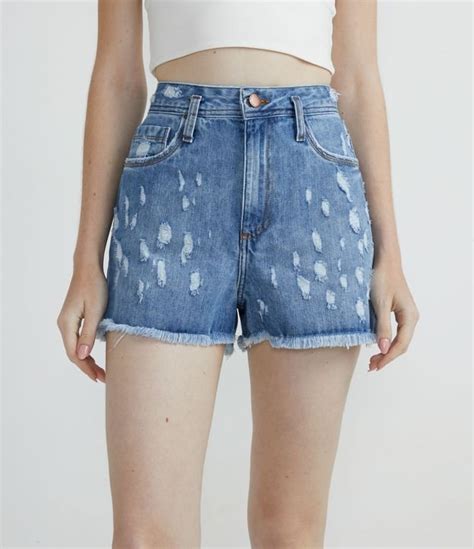 Short Cintura Alta Em Jeans Marmorizado Puidinhos Azul