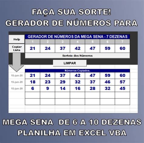 Gerador De Números Para Mega sena 6 A 15 Dezenas Excel Vba