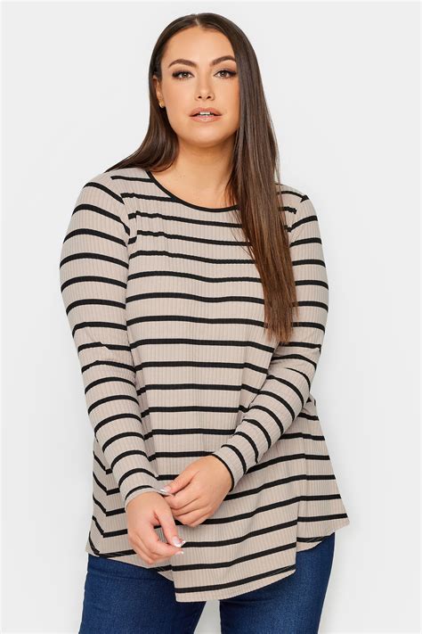 Yours Plus Size Stone Brown And Black Stripe Ribbed Swing T Shirt Yours