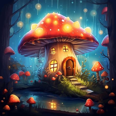 Premium Vector Fantasy Illustration Mushroom Fairy Forest House