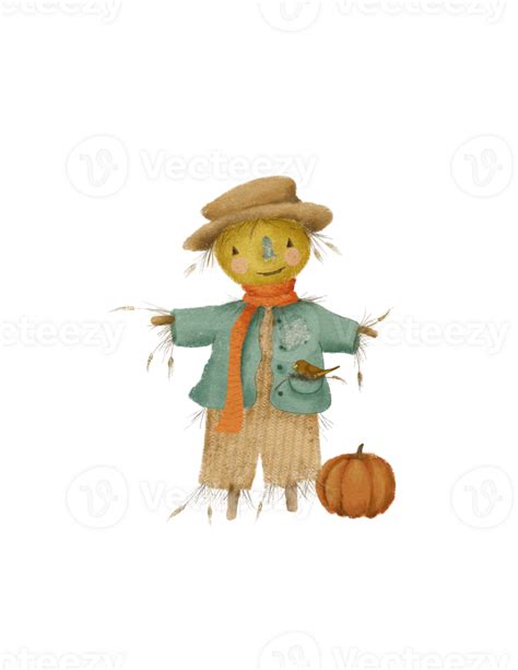 Cute Drawing Of Autumn Scarecrow With Bird And Pumpkin For Halloween Or