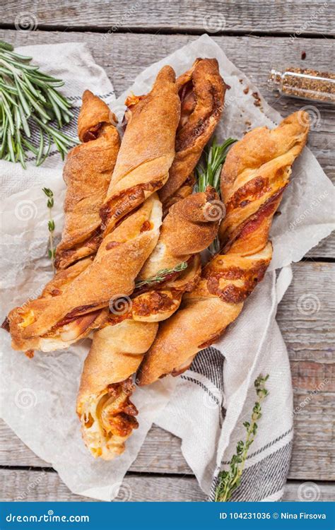 Tasty Cheese Sticks with Bacon, Herbs and Tomato Sauce. Stock Photo - Image of homemade, melted ...