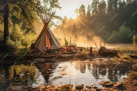 Premium AI Image | Native American wigwam encampment by the river in ...