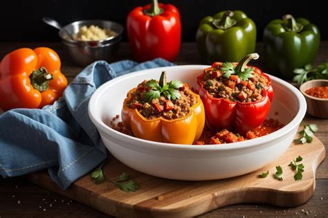 Premium Ai Image Preparing Stuffed Bell Peppers With Ground Meat In Tomato Sauce