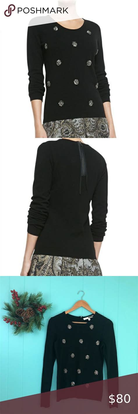 Tracy Reese Cashmere Blend Embellished Black Crew Sweaters For Women