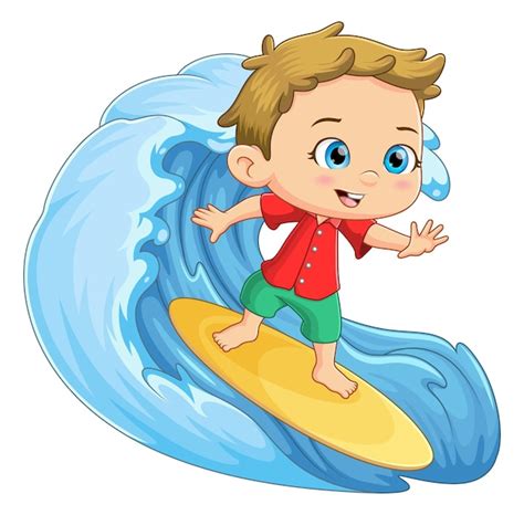 Premium Vector The Brave Boy Is Playing A Surfboard At Beach With A