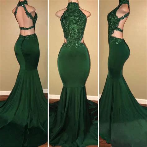 Sexy Backless Dark Green Mermaid Evening Dress New High Neck Lace