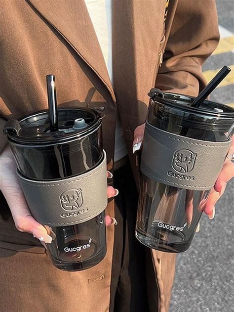 Buy Wezoshinet Ml Leather Grip Coffee Cup Sipper Glass With Straw