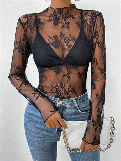 SHEIN Allurite Mock Neck Lettuce Trim Sheer Lace Top Without Bra