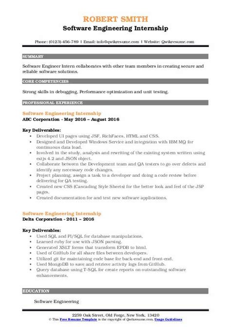 Software Engineering Internship Resume Samples Qwikresume