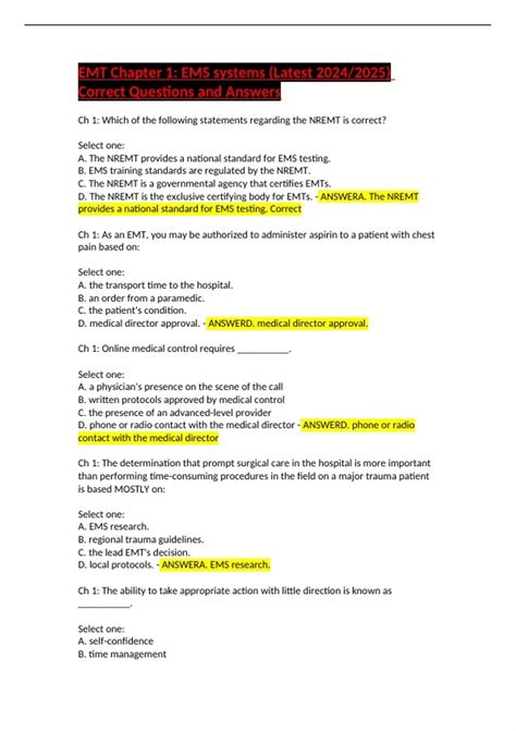 EMT Chapter 1: EMS systems (Latest 2024/2025) Correct Questions and