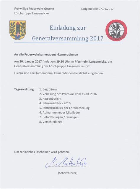 Einladung Zur Generalversammlung Der FFW Langeneicke 20 01 2017