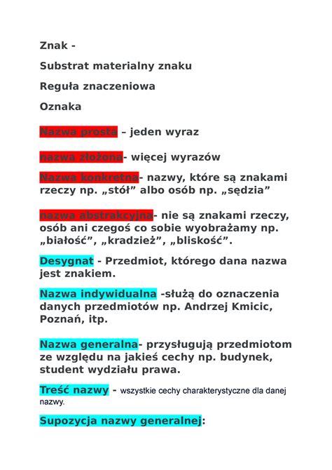 Kolokwium Logika Notatki Znak Substrat Materialny Znaku Regu A