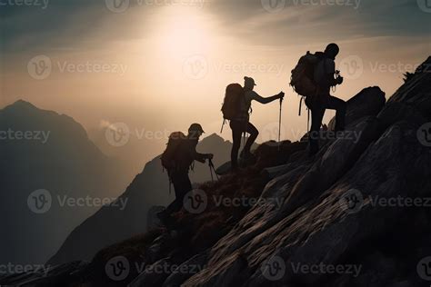 AI generated Hikers climbing on mountain. Help, risk and support