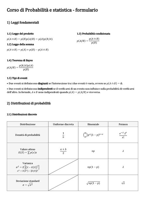 Formulario Di Probabilità E Statistica Docsity