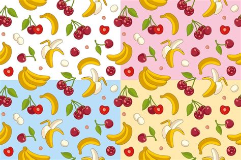 Un Conjunto De Patrones De Frutas Con Cerezas Y Pl Tanos Vector Premium