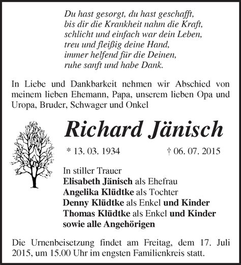 Traueranzeigen von Richard Jänisch Märkische Onlinezeitung Trauerportal