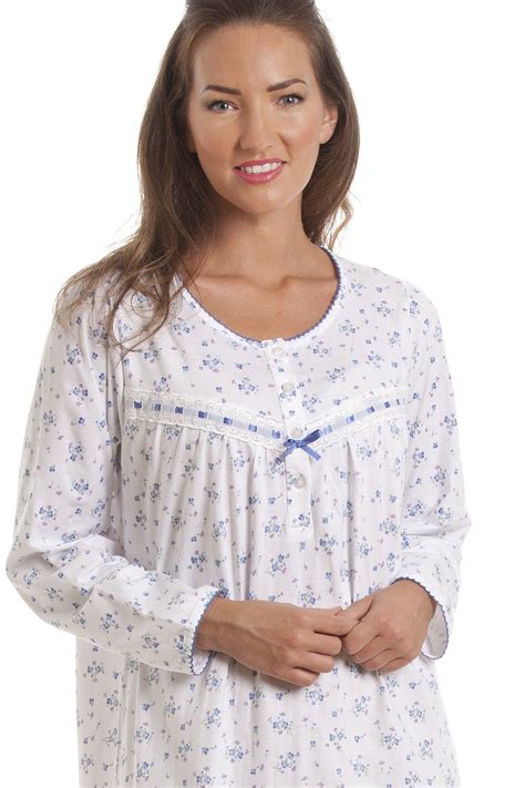 Classic Blue Floral Long Sleeve Cotton Nightdress