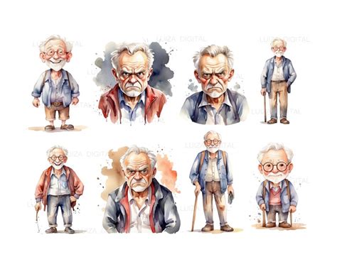 Watercolor Funny Old Man Clipart Funny Grandfather Png Grumpy Grandpa