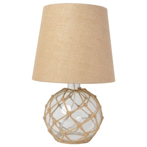 Elegant Designs Buoy Rope Nautical Netted Coastal Ocean Sea Glass Table Lamp With Burlap Fabric