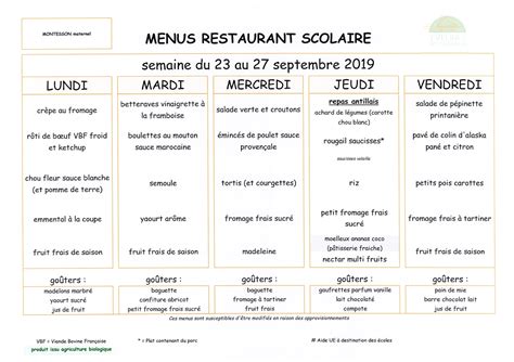 Parents d élèves école Ferdinand Buisson Menus du 23 au 27 septembre