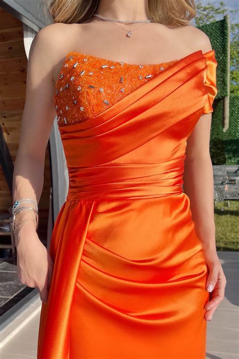 Daisda Orange Mermaid Ruffles Beadings Prom Dress One Shoulder With Split