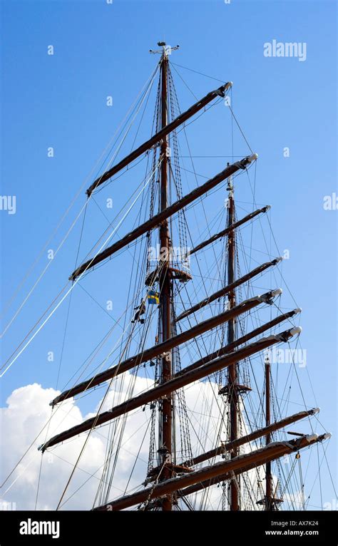 Traditional Sail Ship Mast With Rig Of Tall Ship Docked In Stockholm