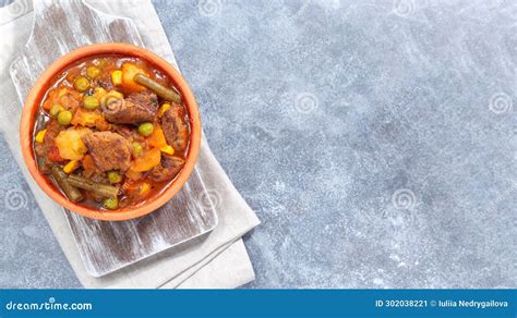 Beef Stew With Potato Green Beans Carrot Peas And Corn Horizontal