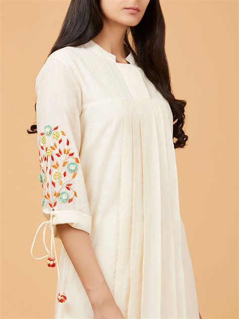 Buy Off White Hand Embroidered Chanderi Silk Kurta Online At Theloom