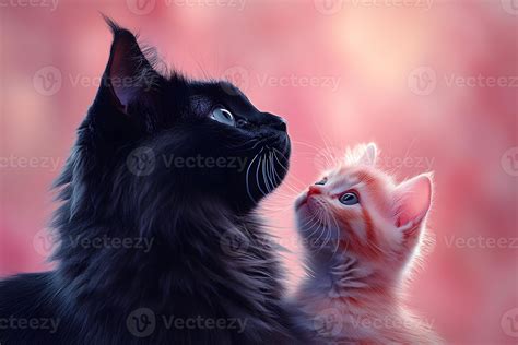 Heartwarming Bond Black Cat and Ginger Kitten in Soft Pink Glow