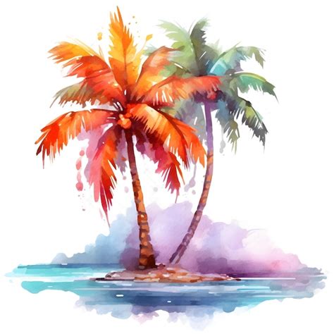 Premium Photo Watercolor Painting Of Palm Trees On An Island