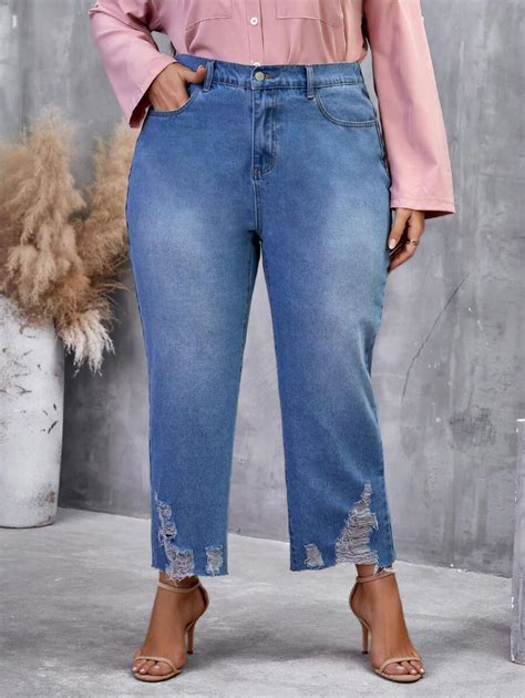 Shein Lune Plus Ripped Raw Cut Straight Leg Jeans Shein Usa