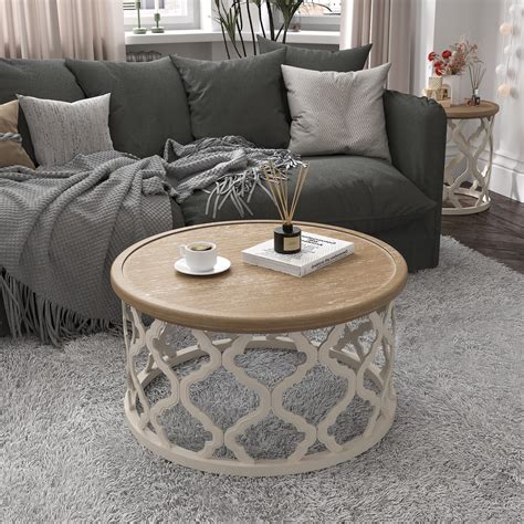 Lark Manor Mayenne Rustic Farmhouse Round Coffee Table With Distressed